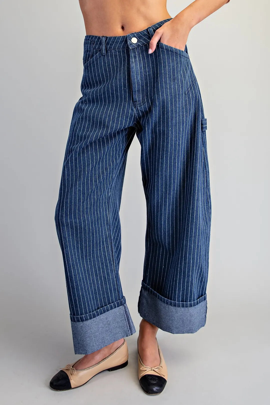 High-Waisted Pinstripe Barrel Leg Utility Denim Pants