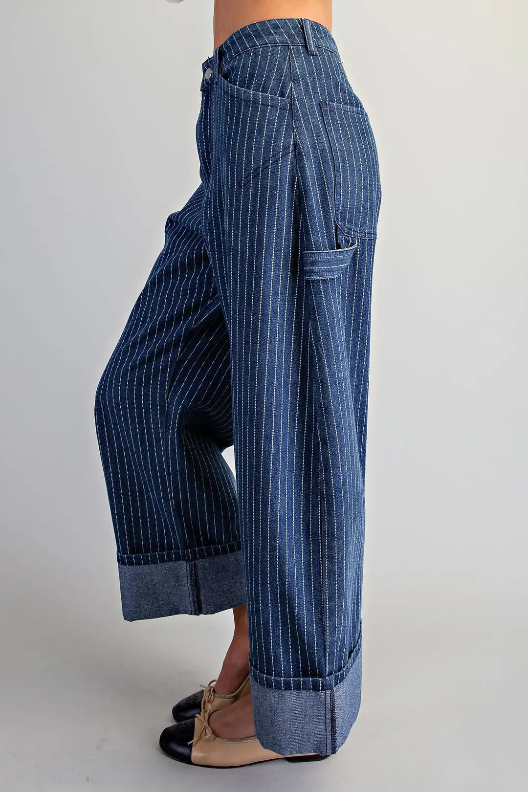High-Waisted Pinstripe Barrel Leg Utility Denim Pants
