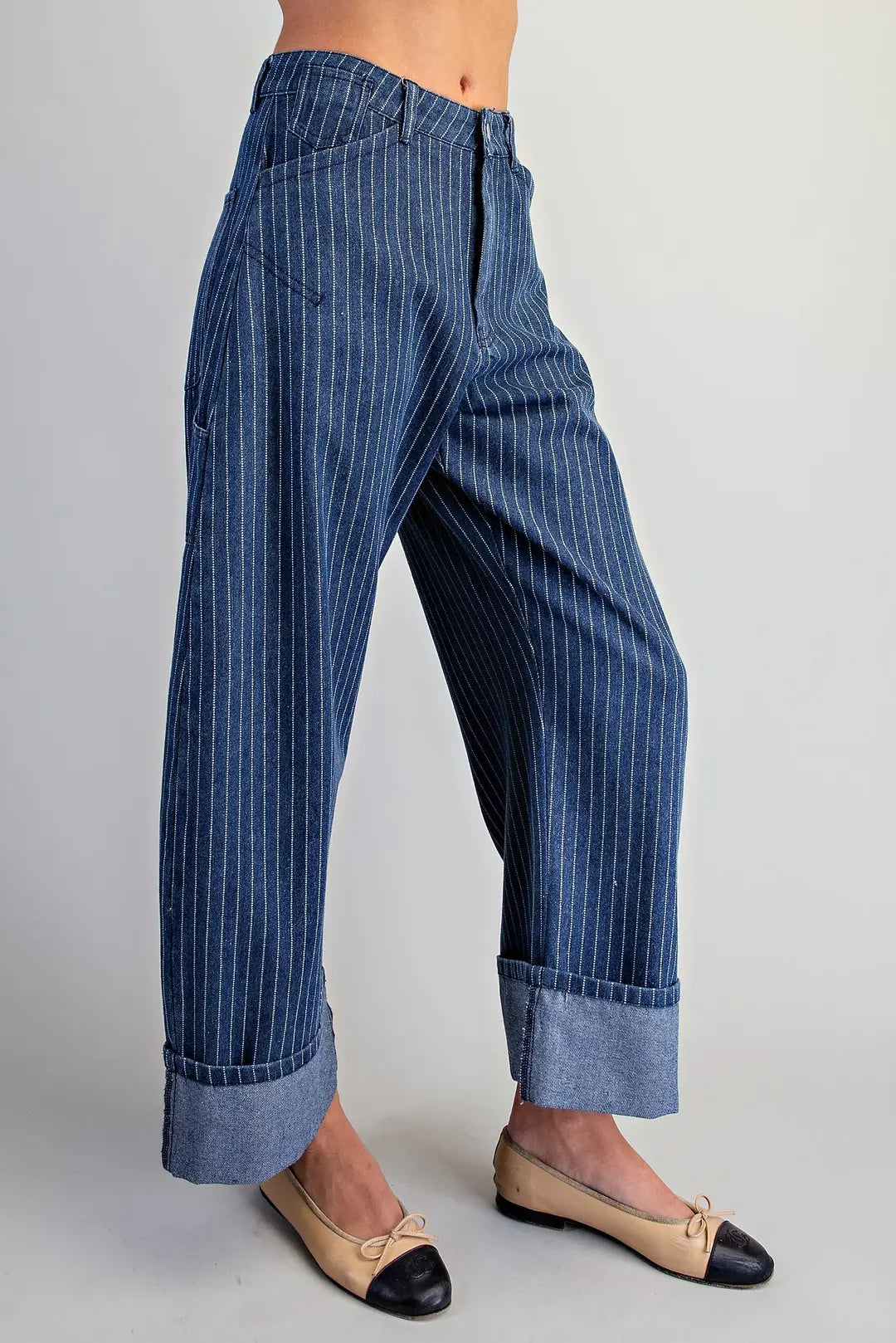 High-Waisted Pinstripe Barrel Leg Utility Denim Pants