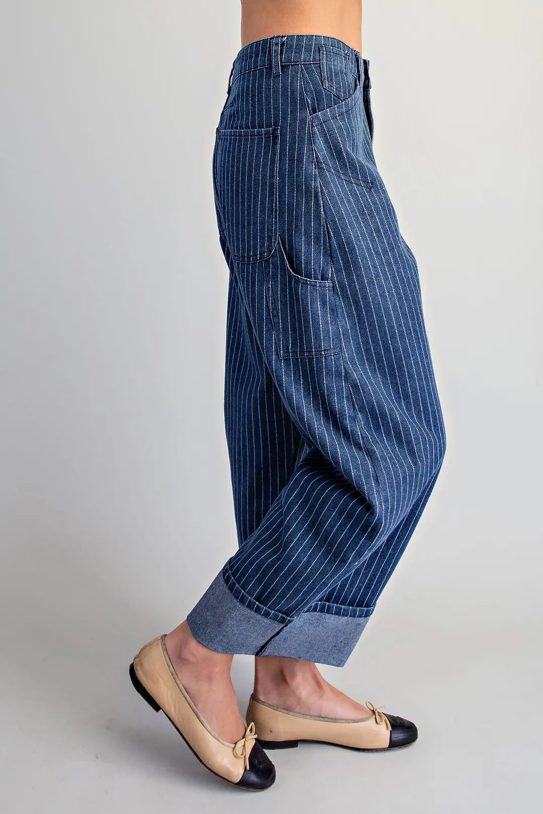 High-Waisted Pinstripe Barrel Leg Utility Denim Pants
