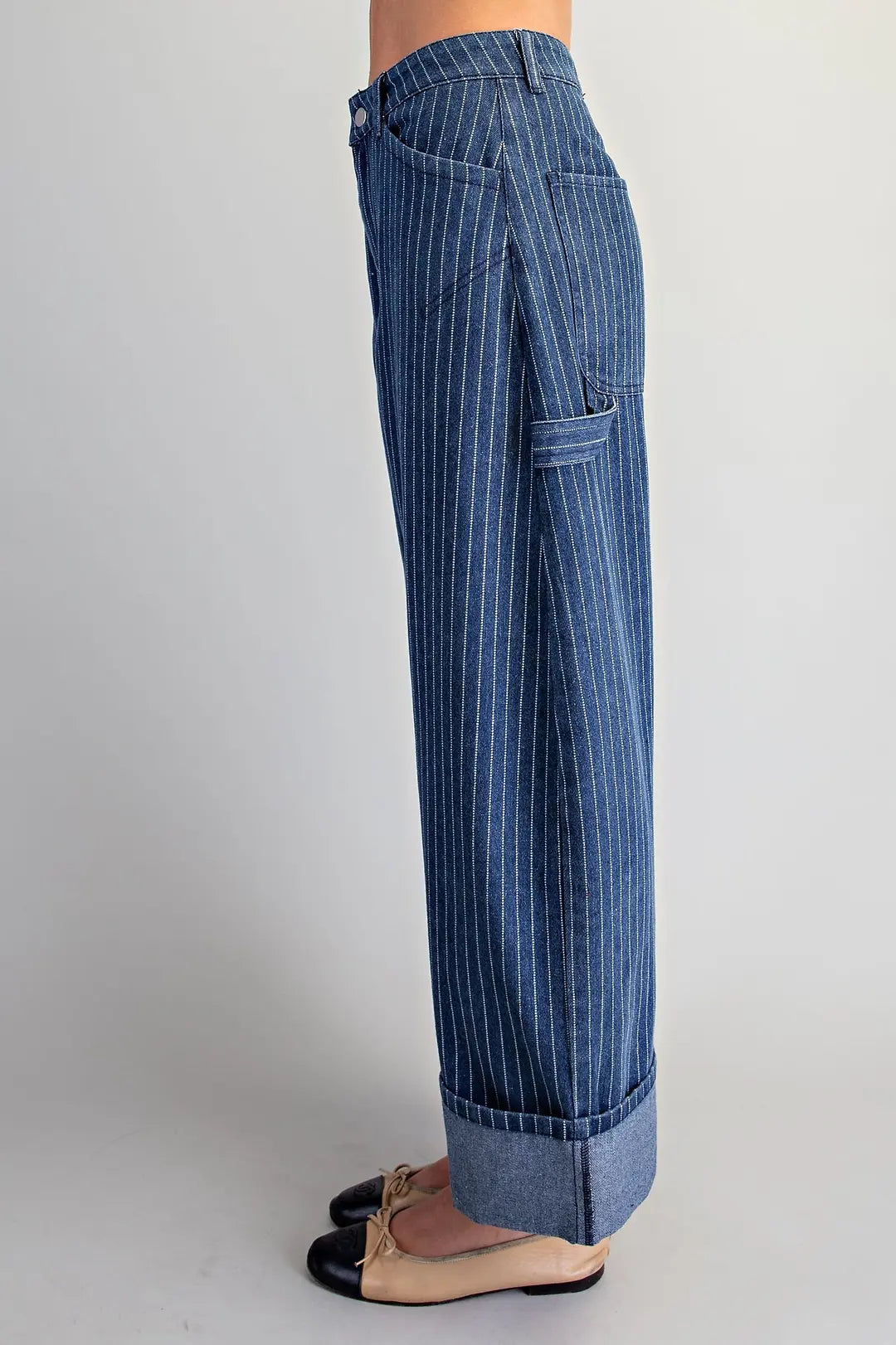 High-Waisted Pinstripe Barrel Leg Utility Denim Pants