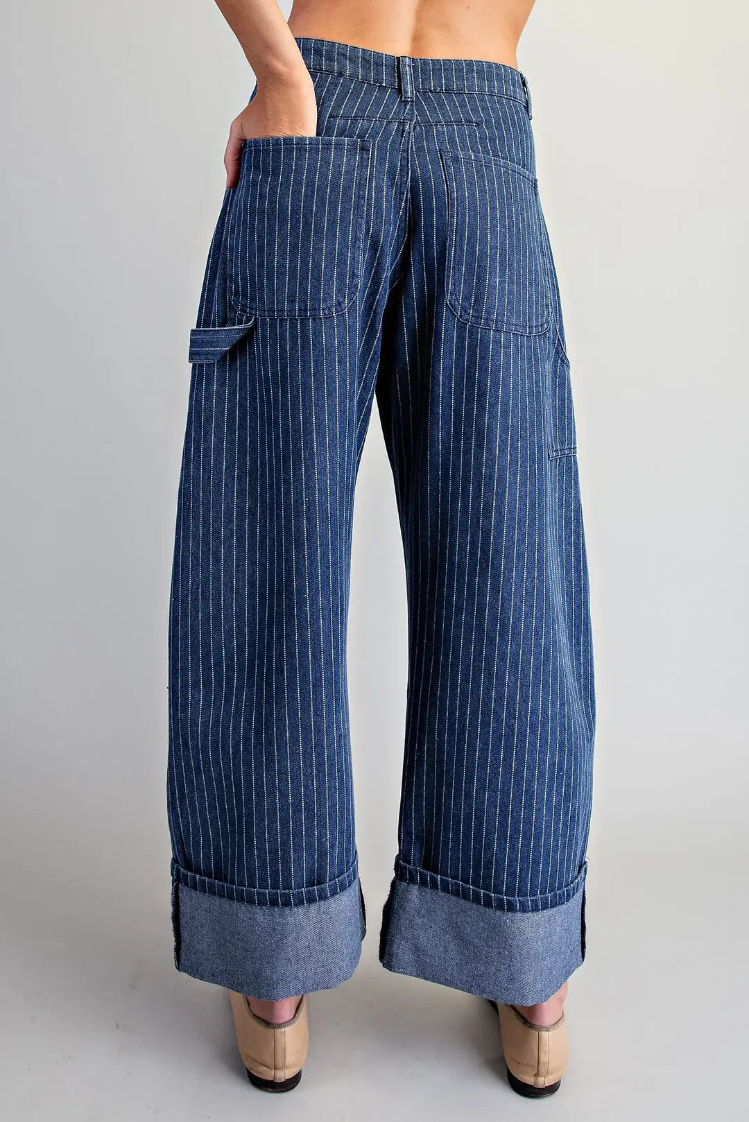 High-Waisted Pinstripe Barrel Leg Utility Denim Pants