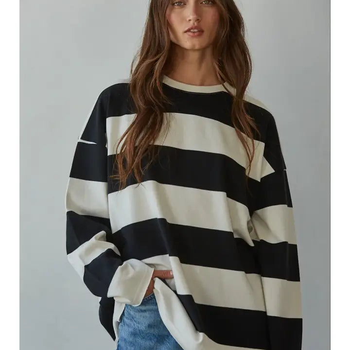 Premium Striped Cotton Oversized Crew Neck Sweatshirt