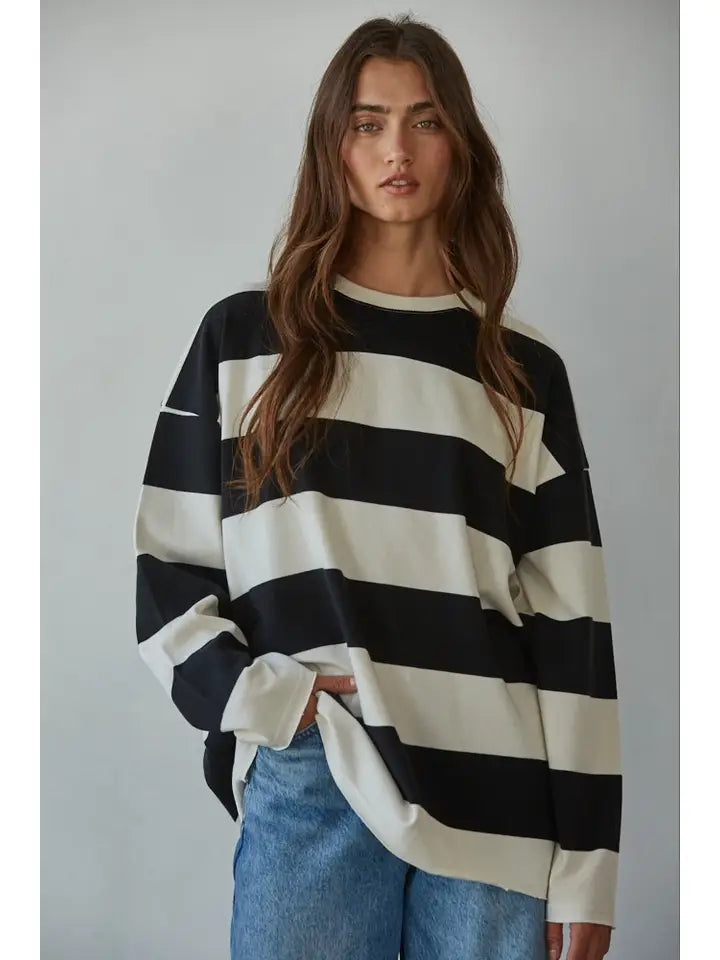 Premium Striped Cotton Oversized Crew Neck Sweatshirt