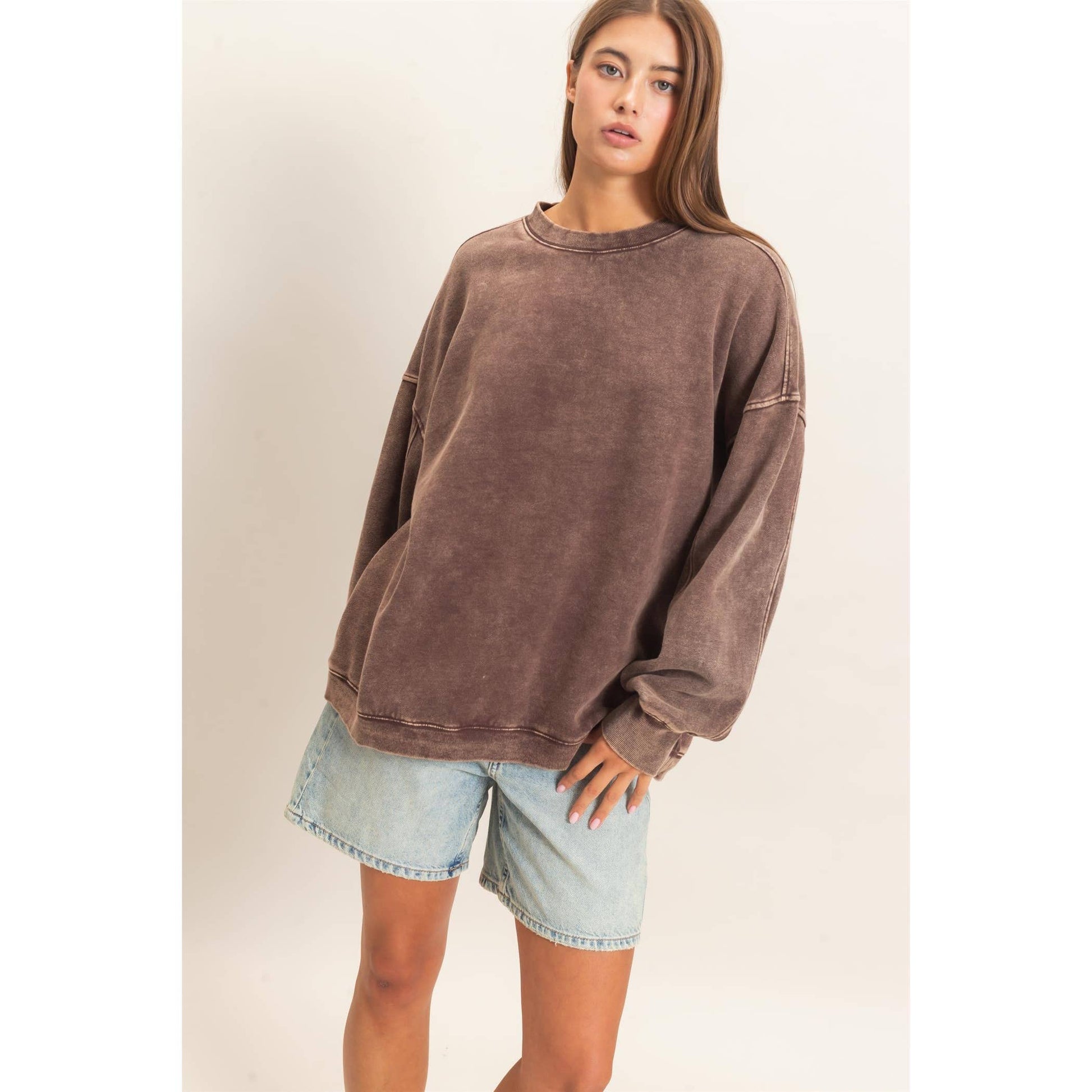 Acid Wash Crew Neck Long Sleeve Sweatshirt