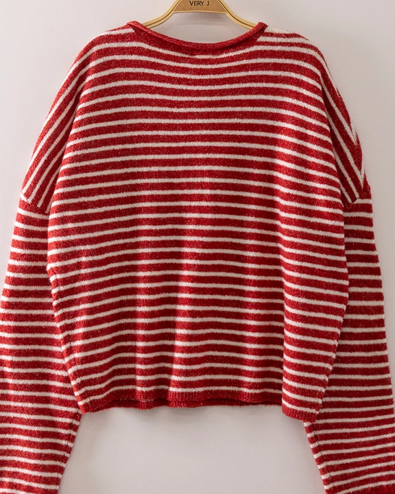 Very J Cozy Striped Cropped Cardigan