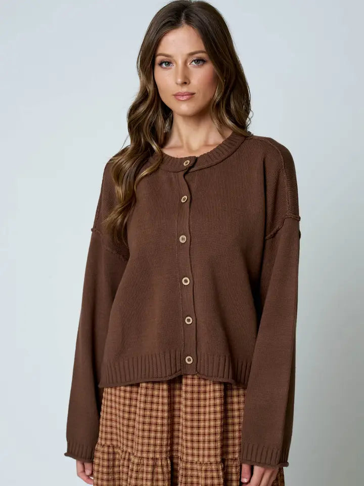 Raw Edge Exposed Seam Button Down Knit Cardigan