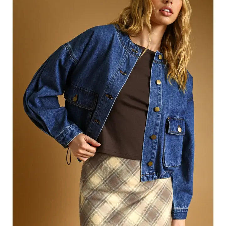 Miou Muse Boxy Round Neck Cropped Denim Jacket
