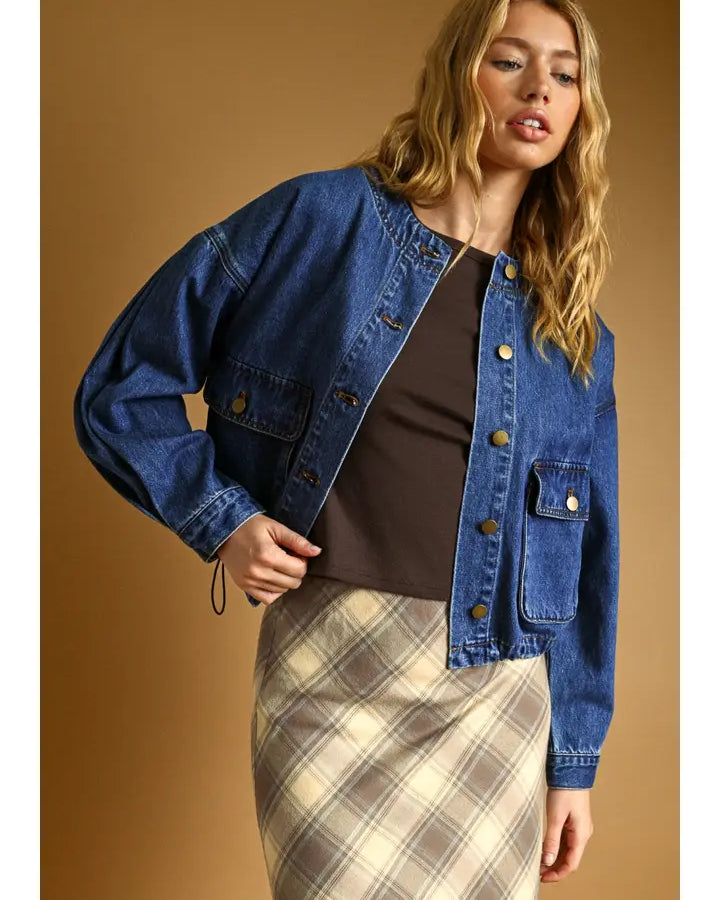 Miou Muse Boxy Round Neck Cropped Denim Jacket