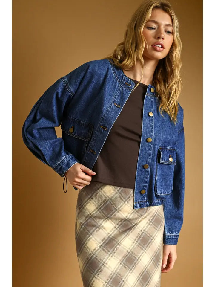 Miou Muse Boxy Round Neck Cropped Denim Jacket
