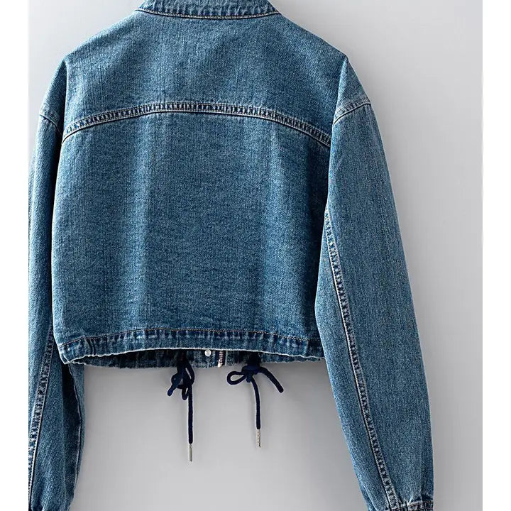 Cropped Drawstring Denim Jacket