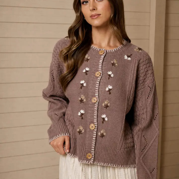 Vintage Floral Embroidered Contrast Stitch Cable Knit Cardigan
