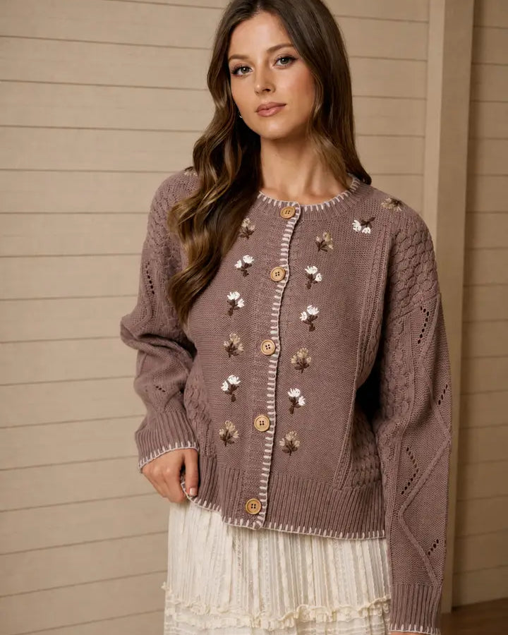 Vintage Floral Embroidered Contrast Stitch Cable Knit Cardigan