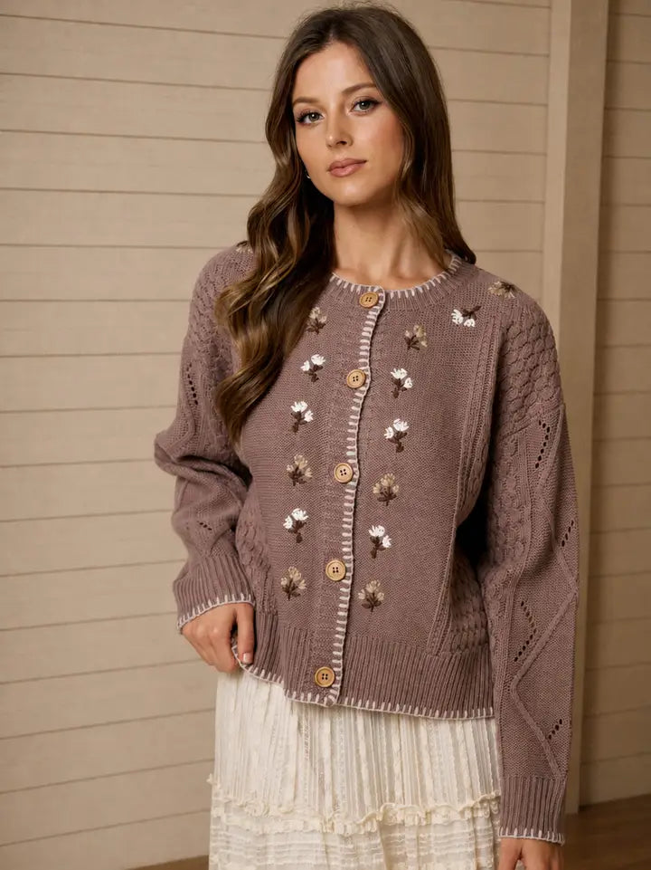 Vintage Floral Embroidered Contrast Stitch Cable Knit Cardigan