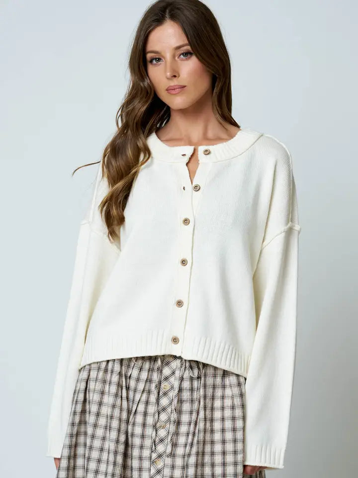 Raw Edge Exposed Seam Button Down Knit Cardigan