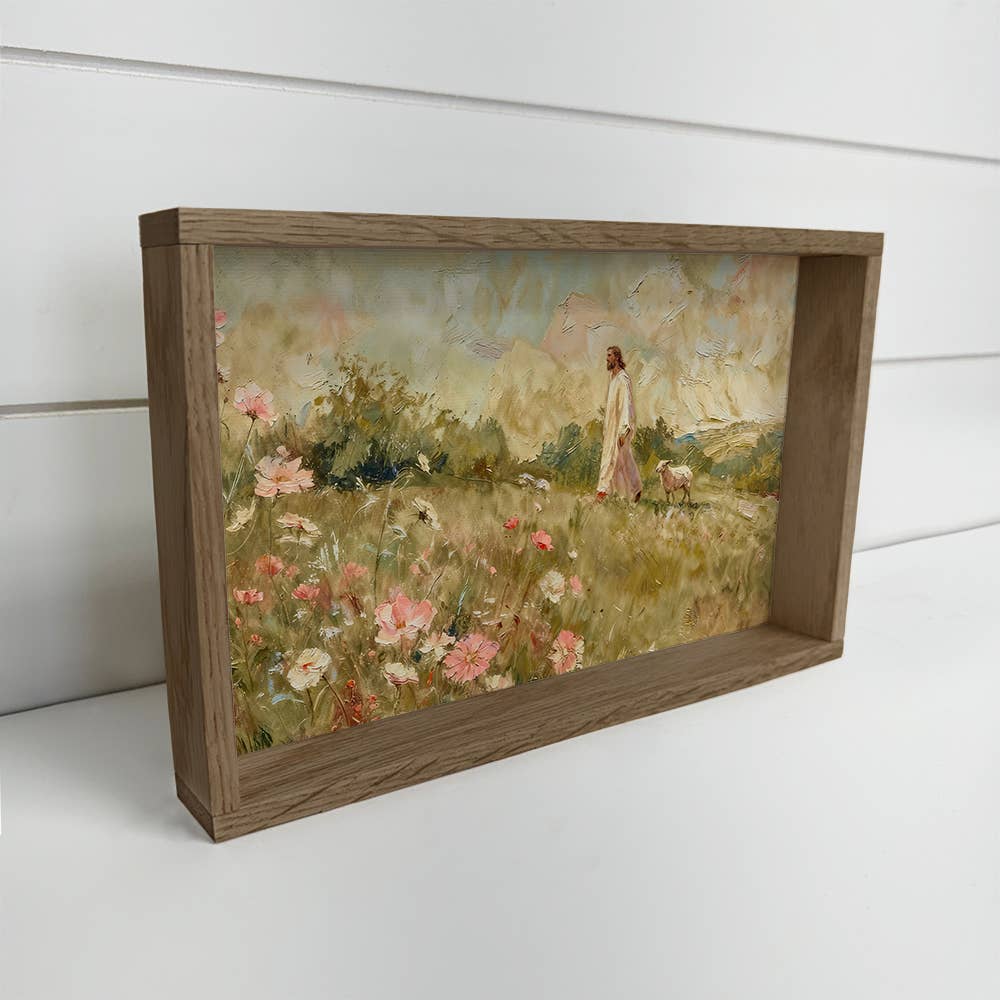 Lamb Following Jesus Wildflowers - Cottage Living Room Art