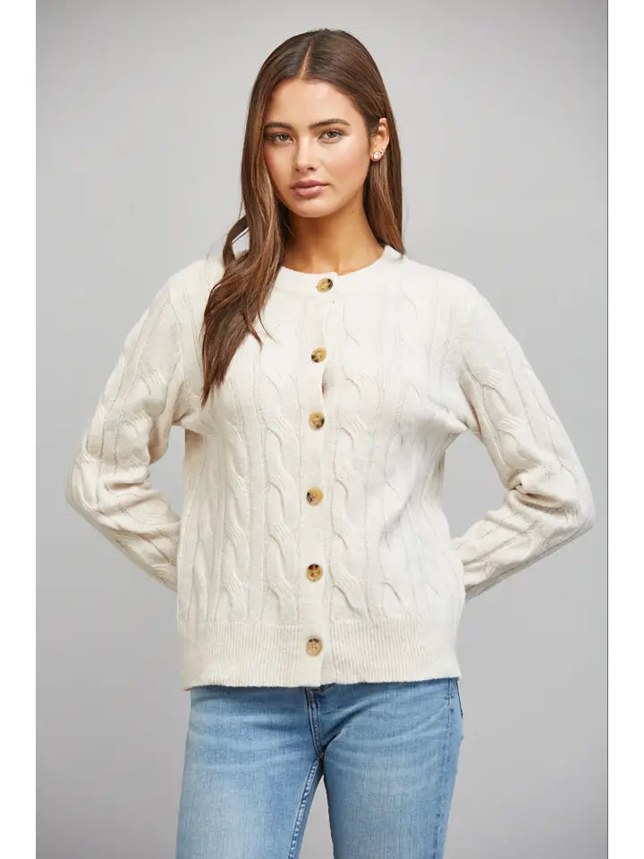 Classic Crew Neck Cable Knit Button-Up Cardigan