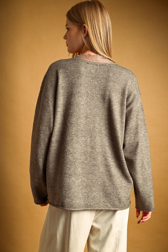 Eyelash Lace Trim Oversized V-Neck Knit Pullover