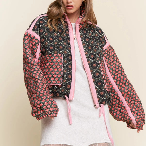 Rose Pattern Pink Taped Padded Jacket
