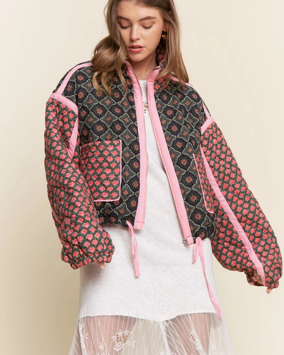 Rose Pattern Pink Taped Padded Jacket