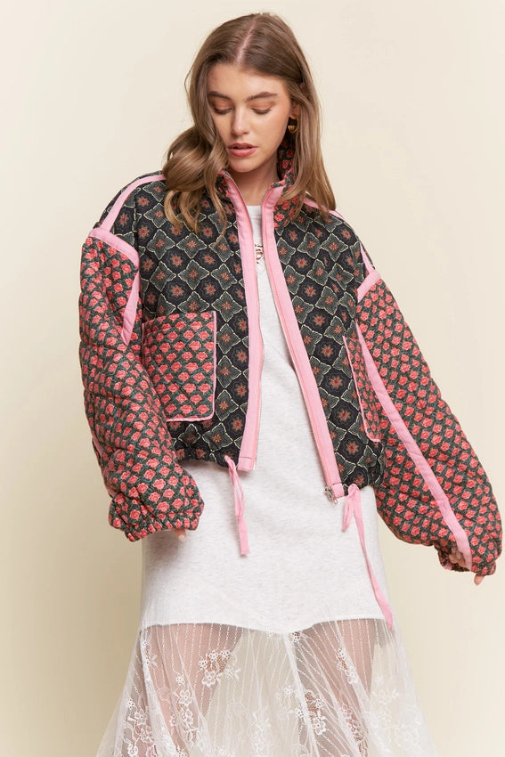 Rose Pattern Pink Taped Padded Jacket