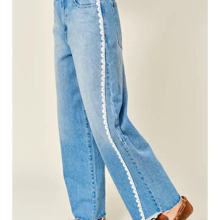 Lace Side Line Detail Barrel Denim Pants