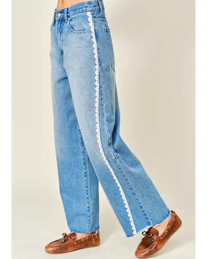 Lace Side Line Detail Barrel Denim Pants