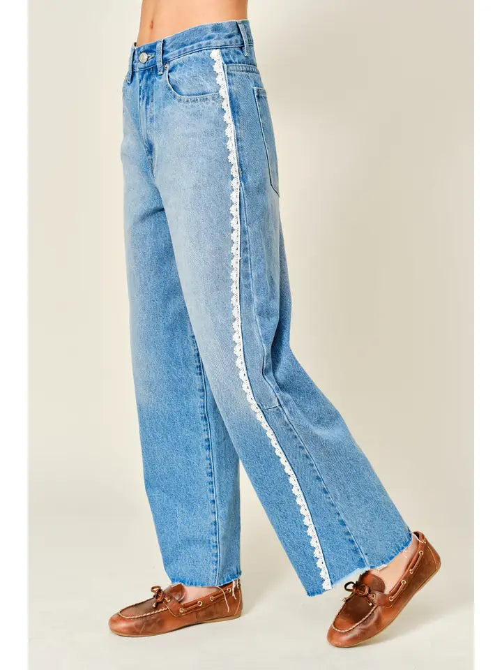 Lace Side Line Detail Barrel Denim Pants