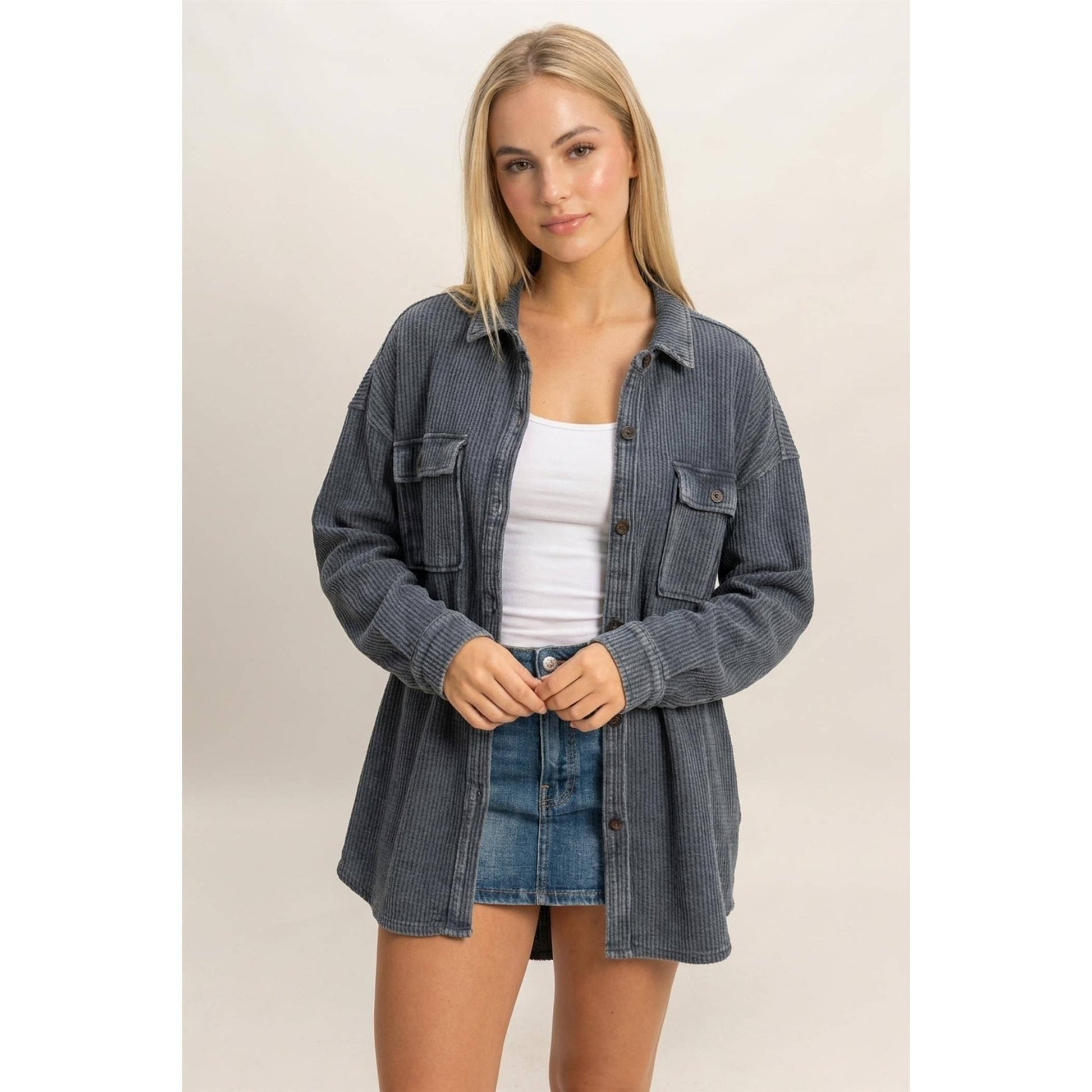 Mineral Wash Waffle Knit Button-Up Shacket
