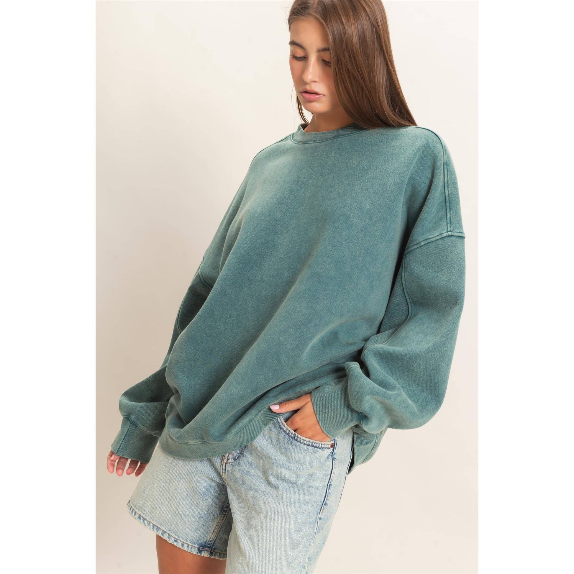 Acid Wash Crew Neck Long Sleeve Sweatshirt