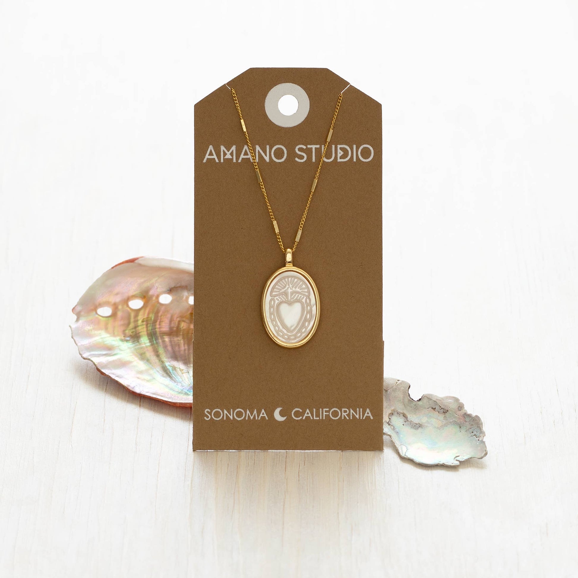 Sacred Heart Mother of Pearl Pendant Necklace