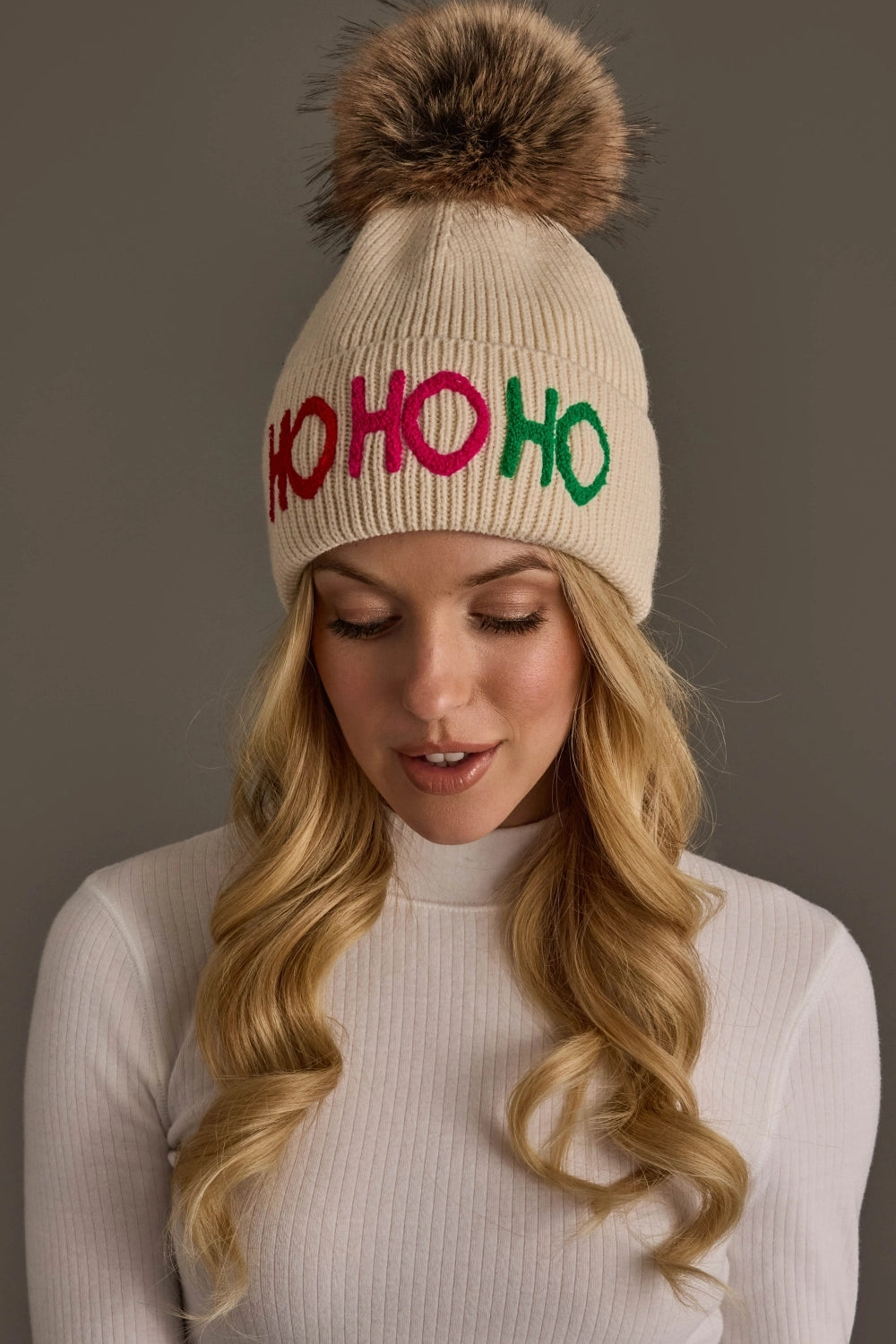 Panache Beige Ho Ho Ho Knit Pom Hat