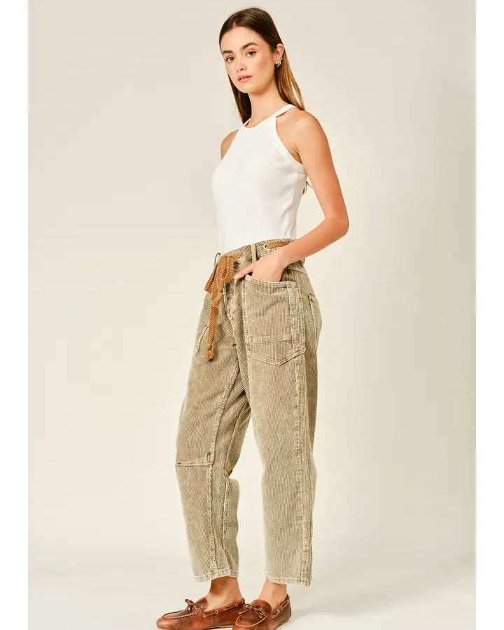 Vintage Barrel Leg Corduroy Pants with Eyelet Waist Tie