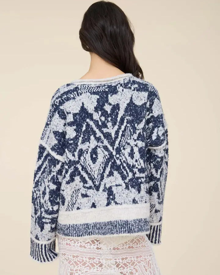 Geometric Diamond Raw Edge Wool Blend Knit Sweater
