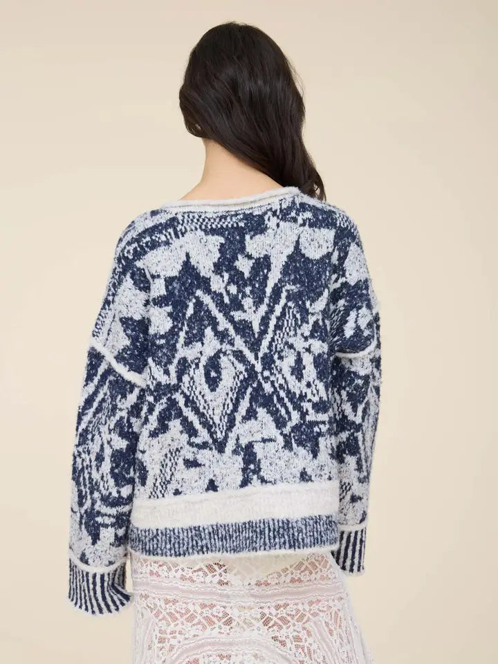 Geometric Diamond Raw Edge Wool Blend Knit Sweater