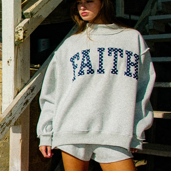 FAITH Embroidered Polka-Dot Mock Neck Oversized Sweatshirt