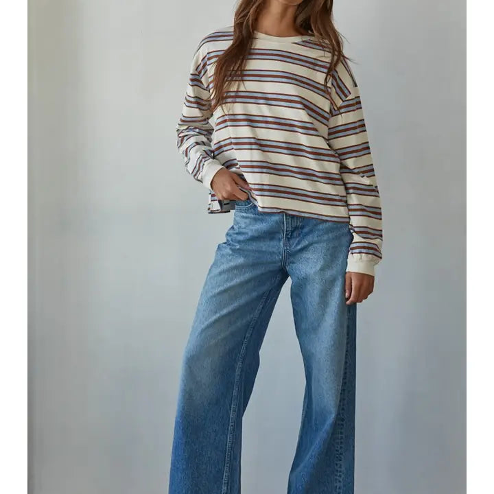 Multicolor Striped Knit Cotton Long Sleeve Crew Neck