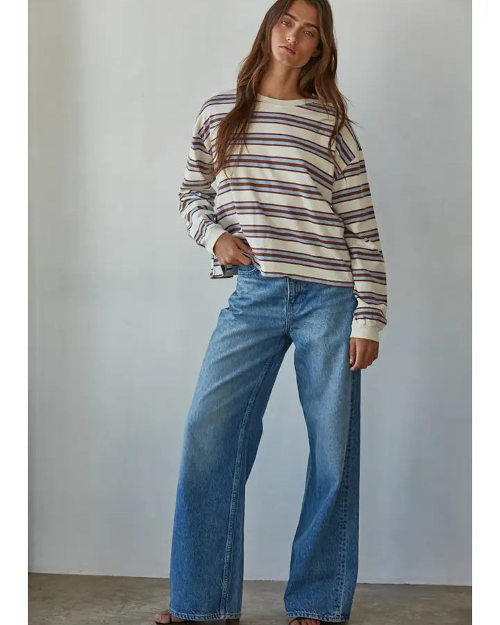 Multicolor Striped Knit Cotton Long Sleeve Crew Neck