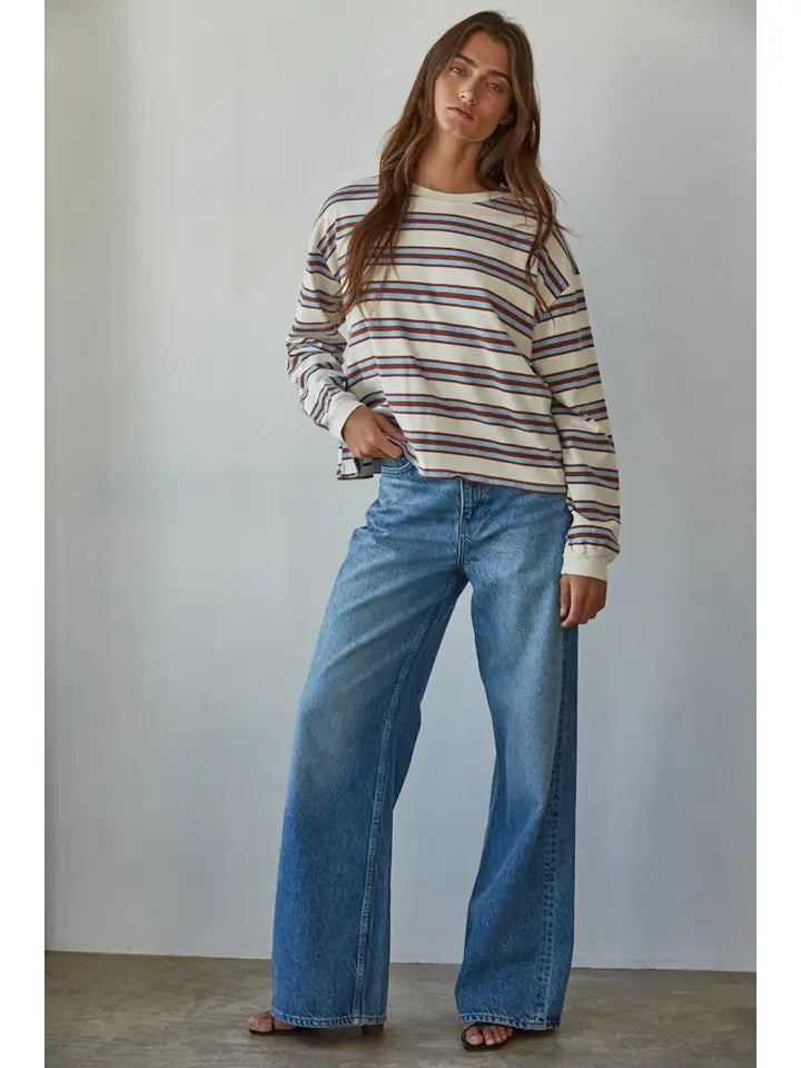 Multicolor Striped Knit Cotton Long Sleeve Crew Neck