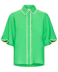 ICHI Emerald Green Scalloped Trim Glossy Shirt