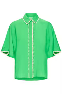 ICHI Emerald Green Scalloped Trim Glossy Shirt