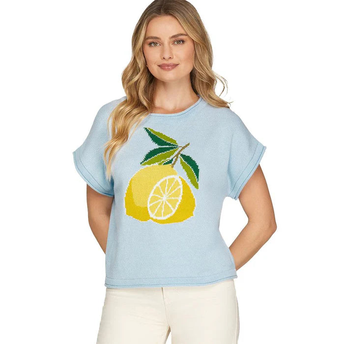 She & Sky Women's Lemon Graphic Short Sleeve Knit Sweater Top