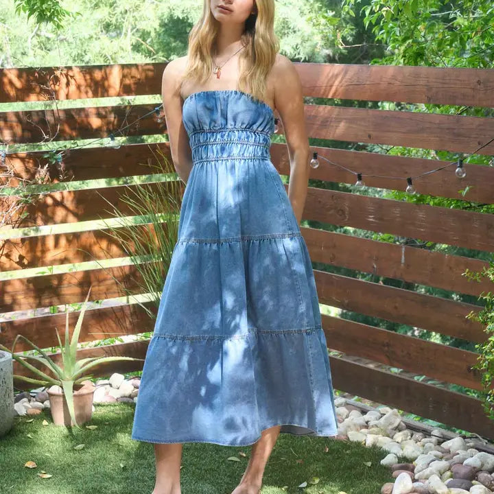Strapless Tiered Denim Midi Dress with Shirred Waist