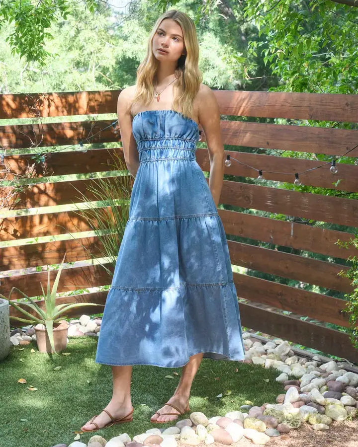 Strapless Tiered Denim Midi Dress with Shirred Waist
