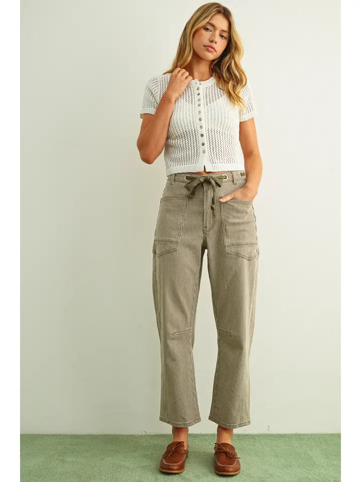 Striped Pattern Washed Barrel Pants with Belt