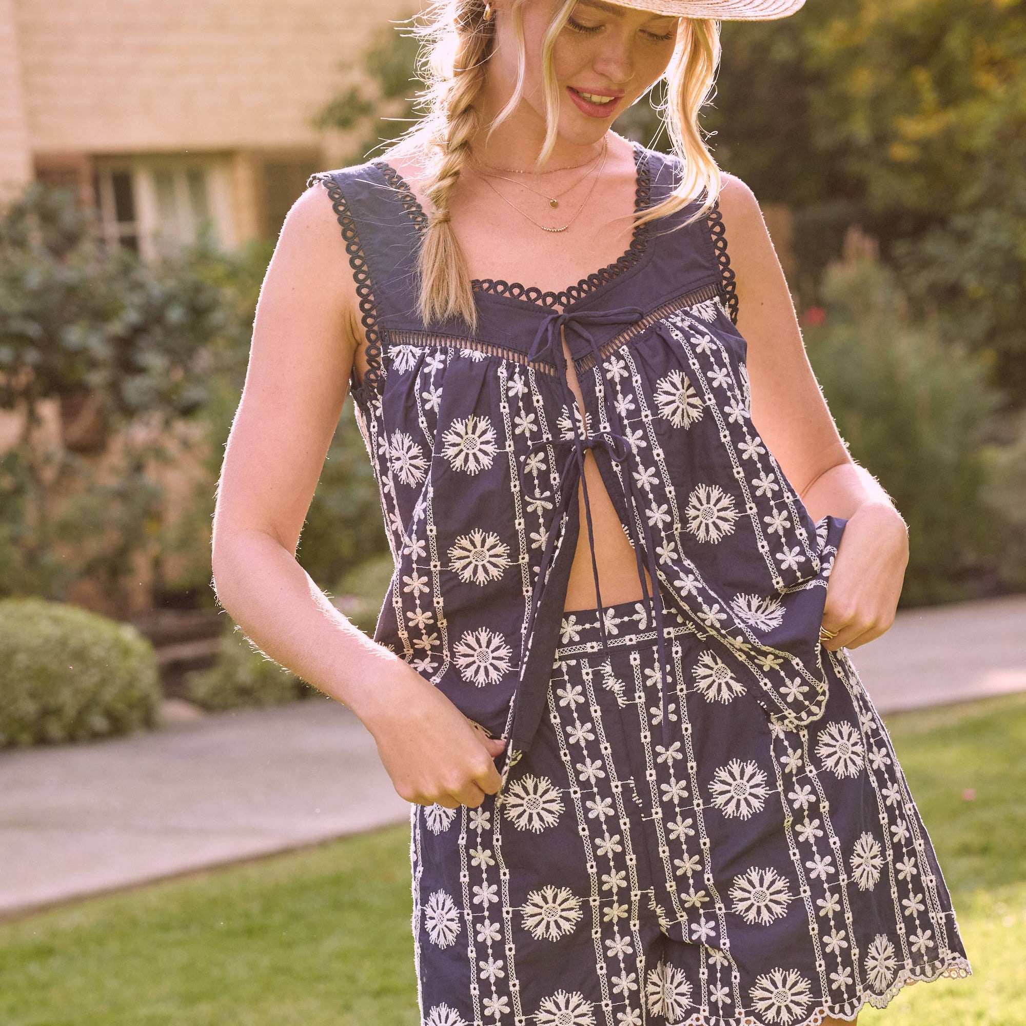 Skies Are Blue Artisanal Embroidered Tie-Front Cotton Top