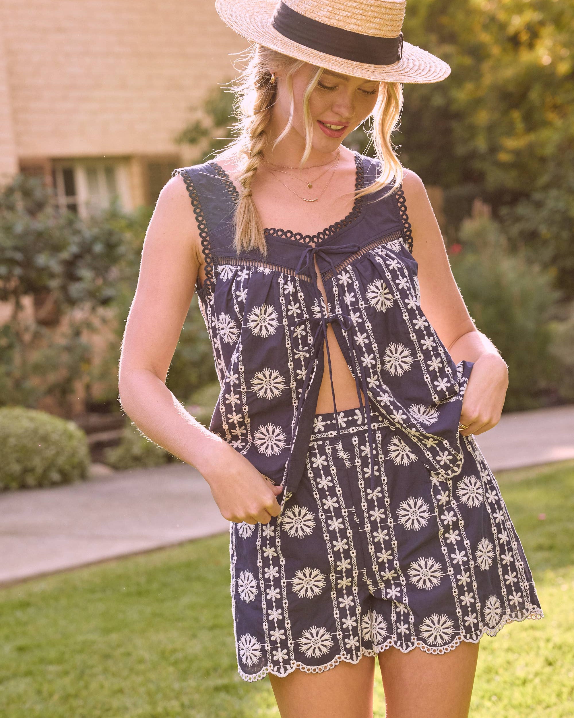 Skies Are Blue Artisanal Embroidered Tie-Front Cotton Top
