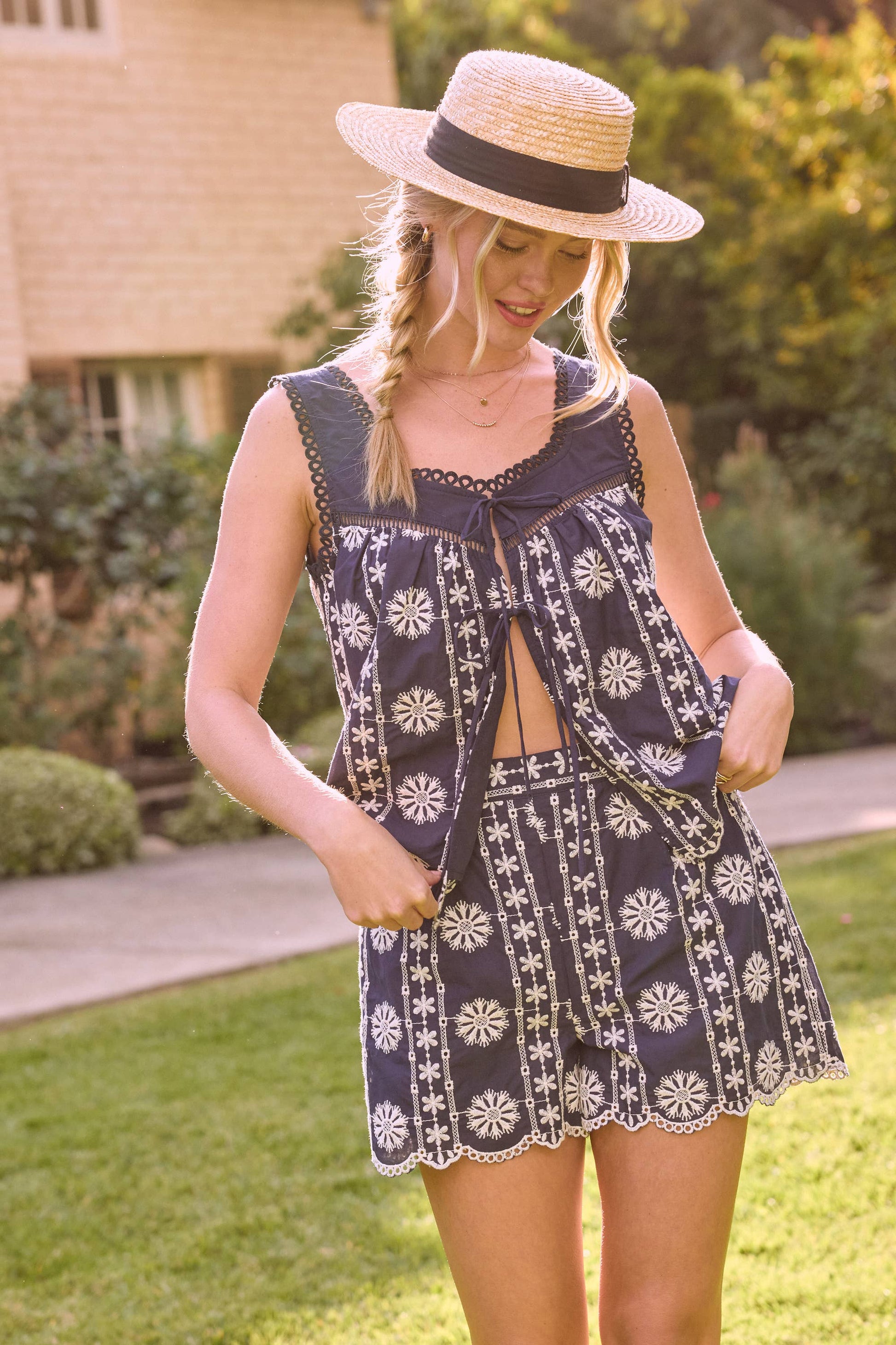 Skies Are Blue Artisanal Embroidered Tie-Front Cotton Top