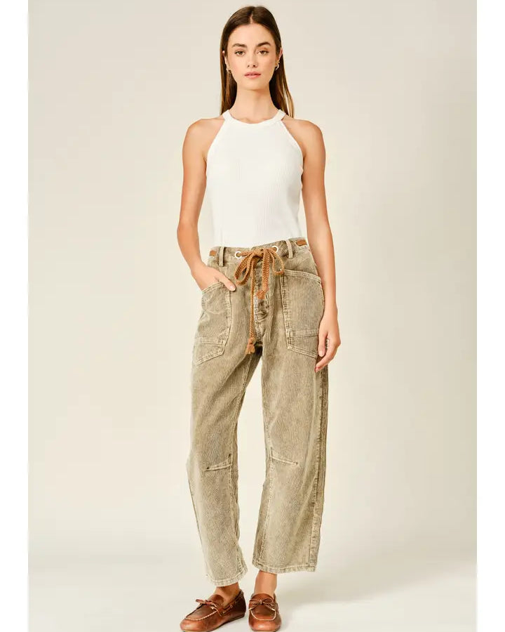 Vintage Barrel Leg Corduroy Pants with Eyelet Waist Tie