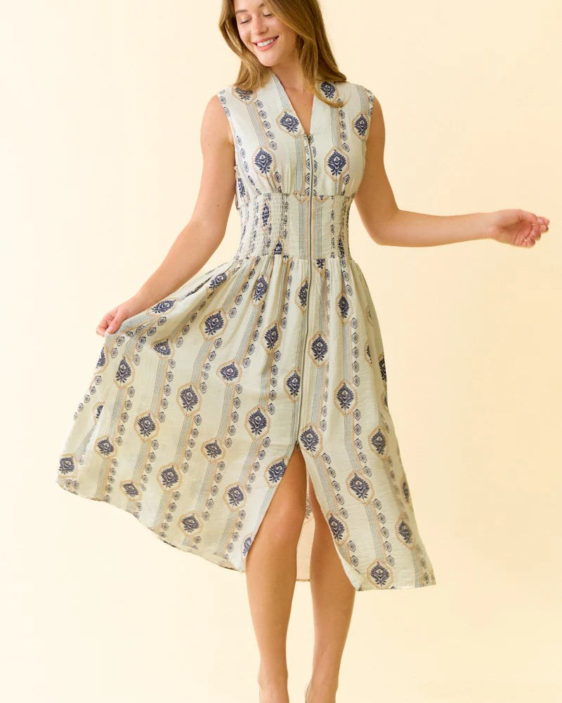 Doe & Rae Botanical Printed Smocked Waist Midi Dress - Ecru